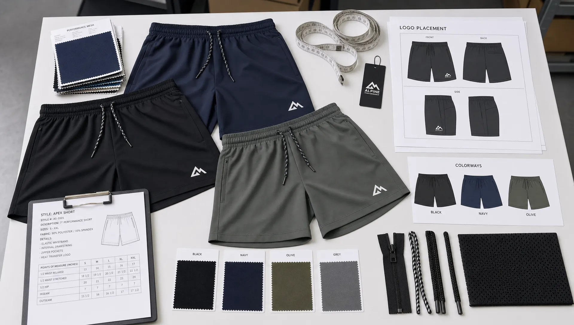 A clean production table with athletic shorts samples, fabric swatches, a measuring tape, trims, and printed logo placement sheets arranged for bulk order review.