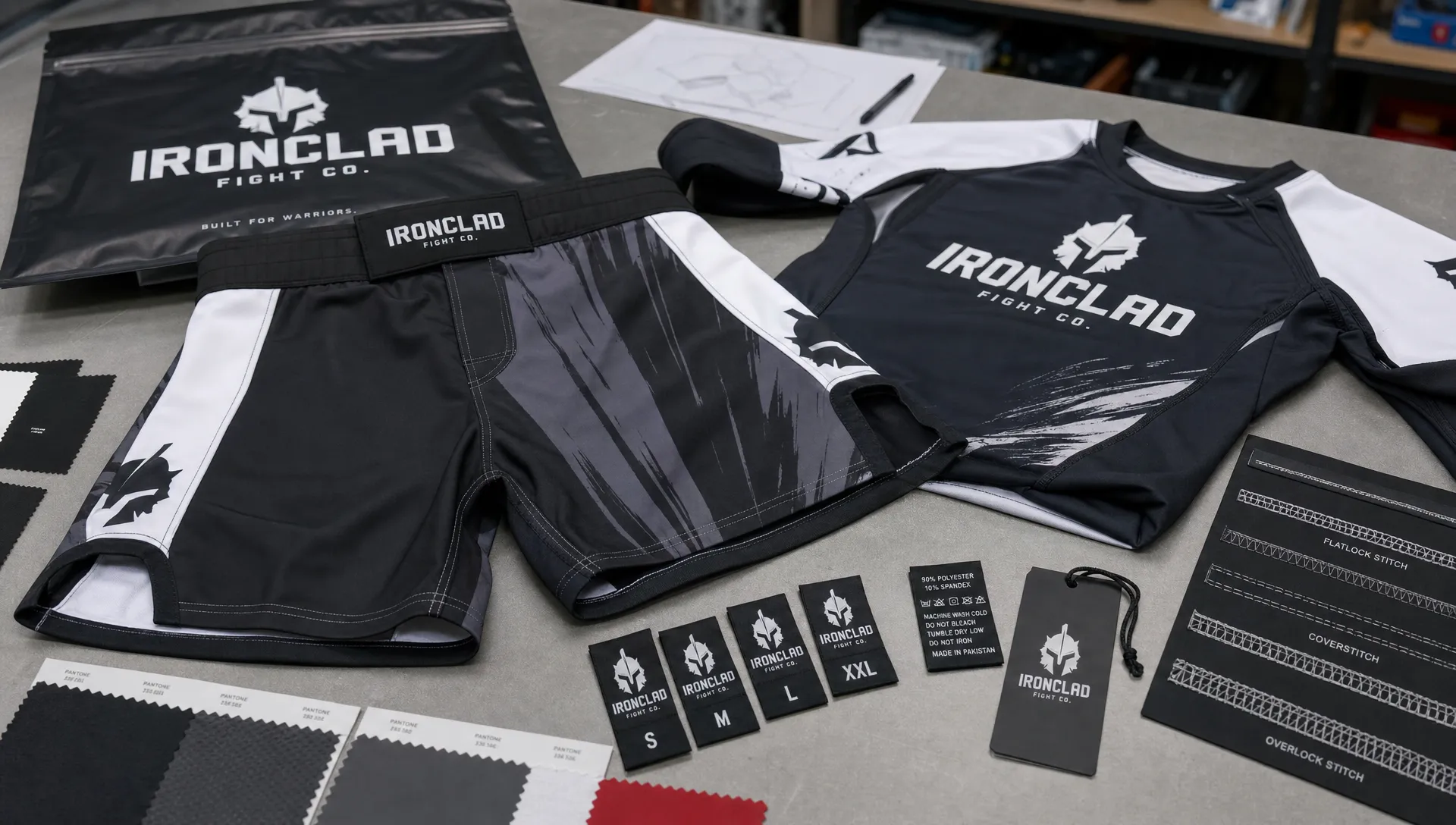 A close-up production table with custom MMA shorts and a rash guard beside fabric swatches, stitching samples, woven size labels, and branded packaging for quality review.