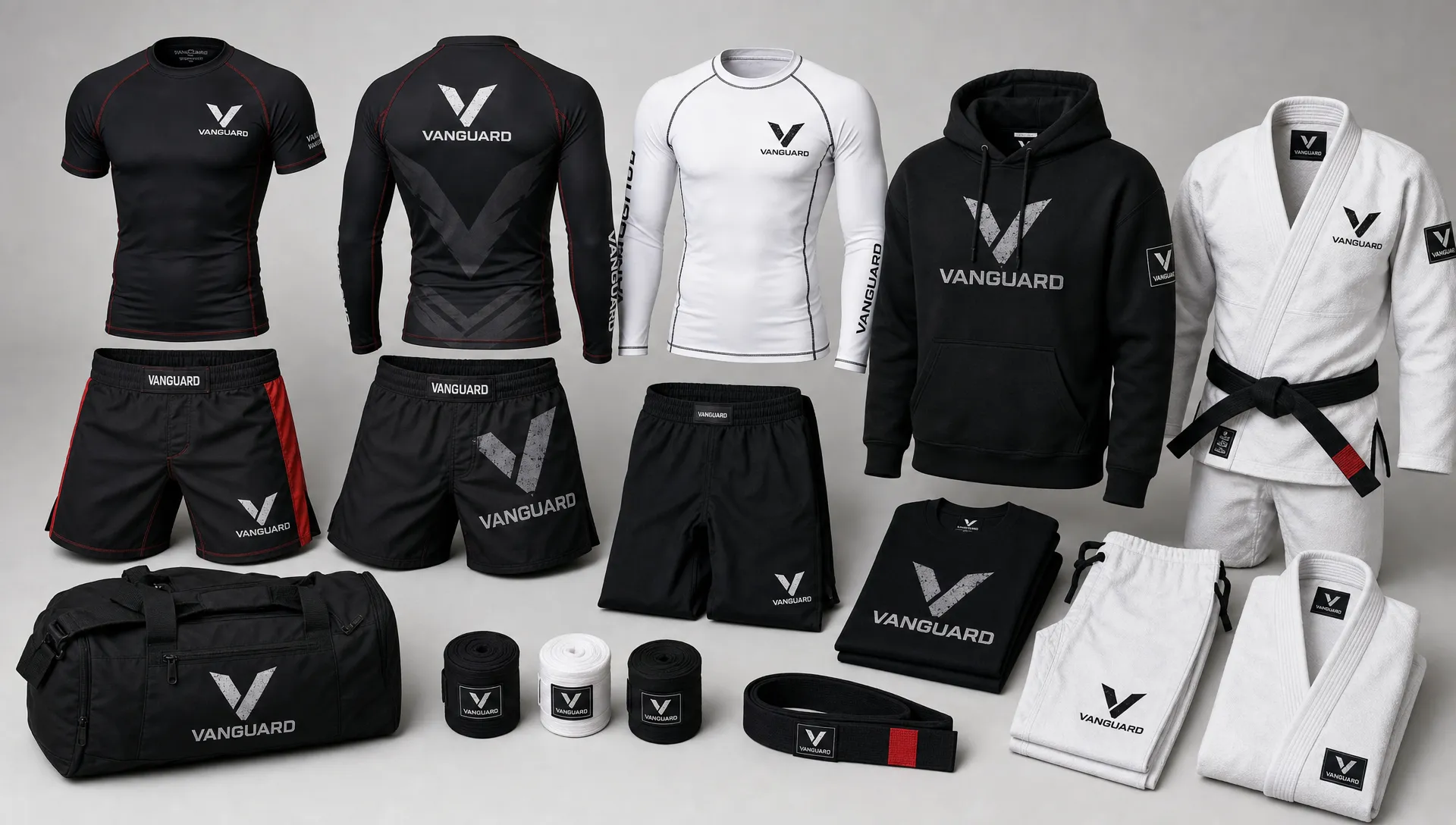 A custom athletic apparel collection arranged on a clean studio backdrop, including rash guards, fight shorts, hoodies, and martial arts uniforms, with logo placement visible on the chest, sleeve, waistband, and labels.