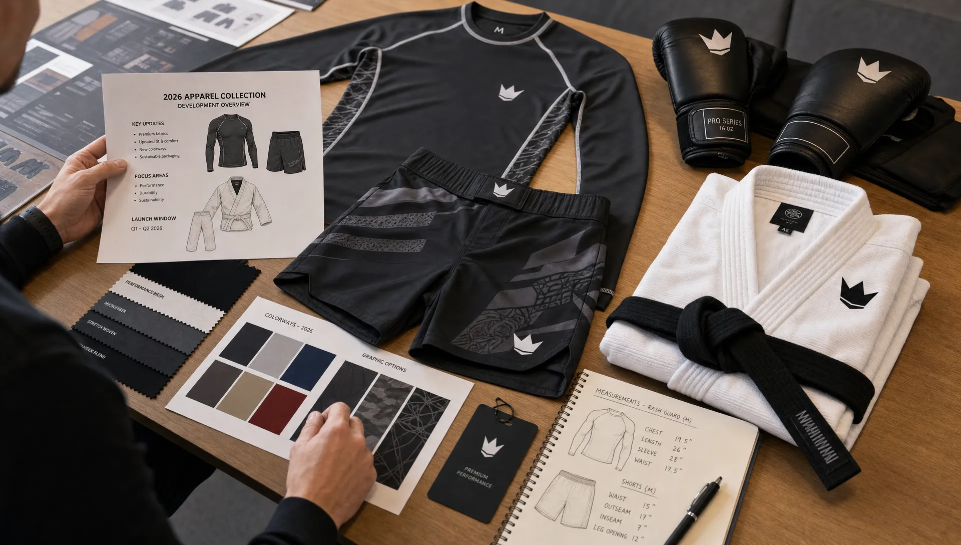 A custom sportswear development table with fabric swatches, MMA shorts, a rash guard, boxing gloves, a folded BJJ gi, color cards, and measurement notes arranged for a buyer reviewing a 2026 apparel collection.