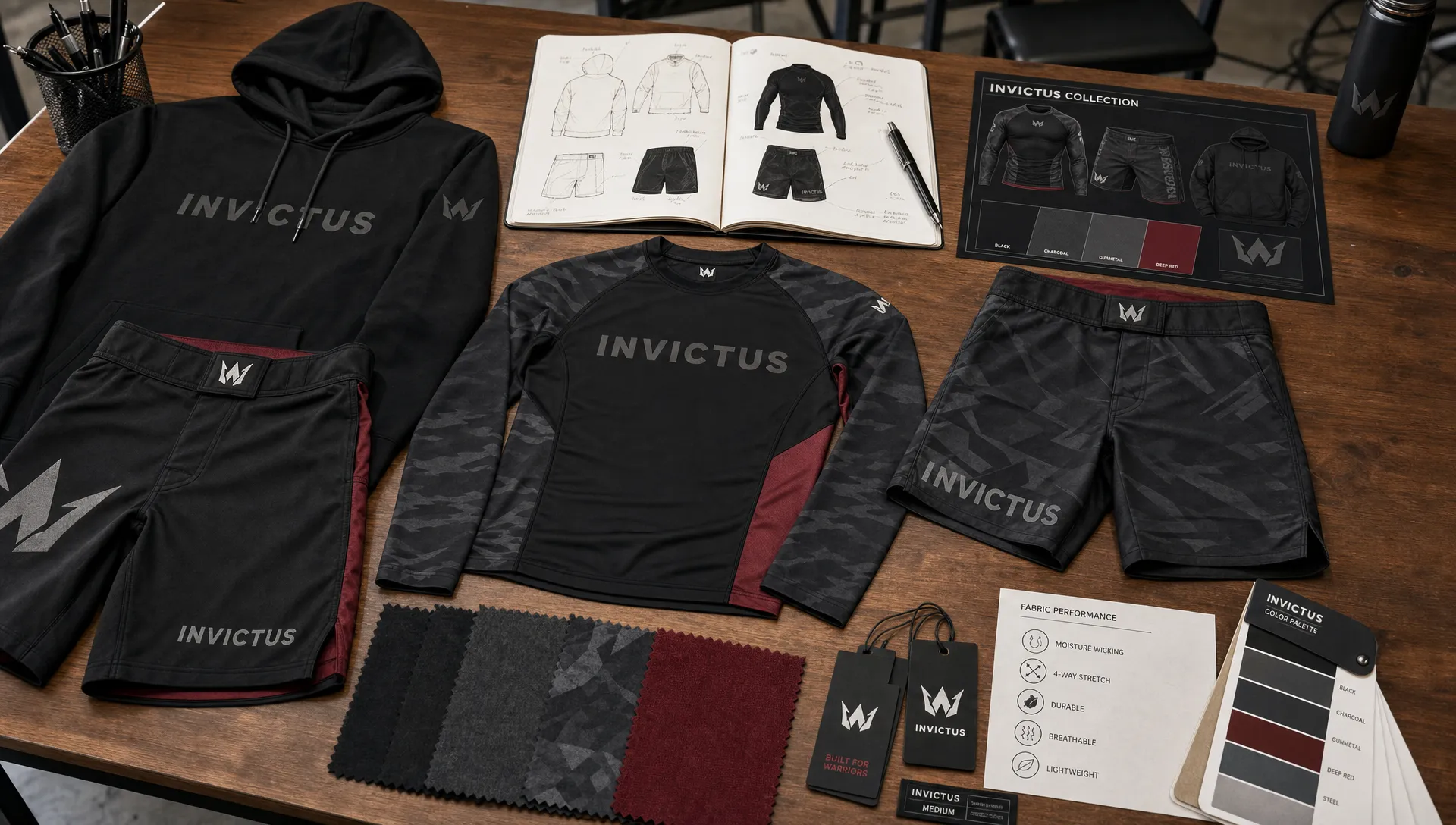 A design table showing a focused custom sportswear collection with fight shorts, a rash guard, a hoodie, fabric swatches, color cards, and branded labels arranged for review.