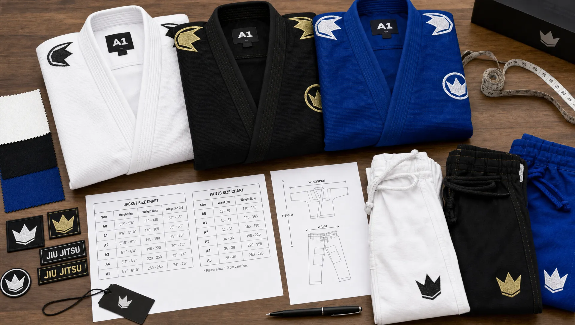 A flat lay of BJJ gi samples in white, black, and blue with fabric swatches, embroidered patches, a measuring tape, printed size charts, and folded pants laid out for buyer review.