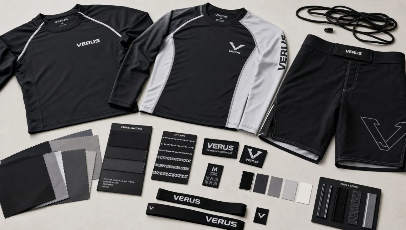 A flat lay of combat sports performance apparel components, including rash guards, training shorts, reinforced stitching samples, fabric swatches, trims, and branded labels arranged on a clean worktable.