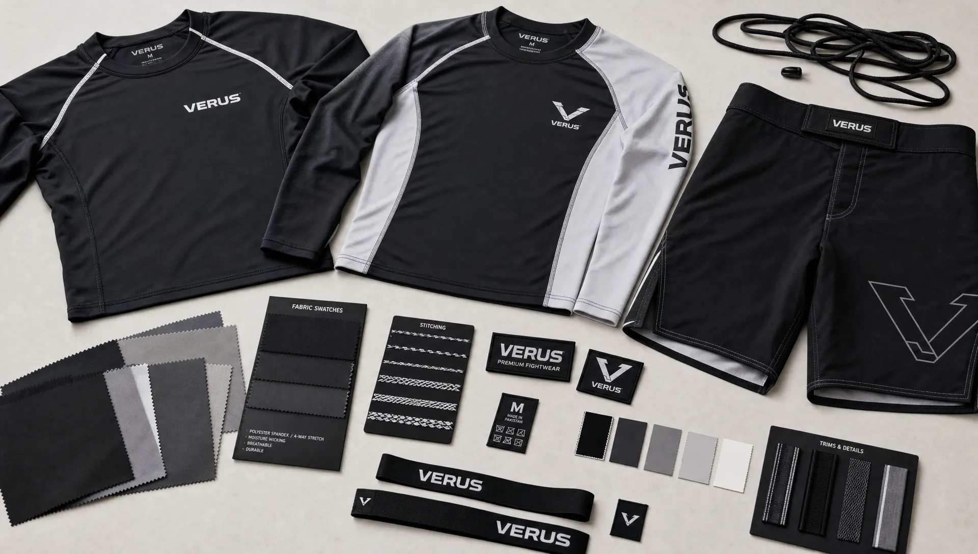 A flat lay of combat sports performance apparel components, including rash guards, training shorts, reinforced stitching samples, fabric swatches, trims, and branded labels arranged on a clean worktable.