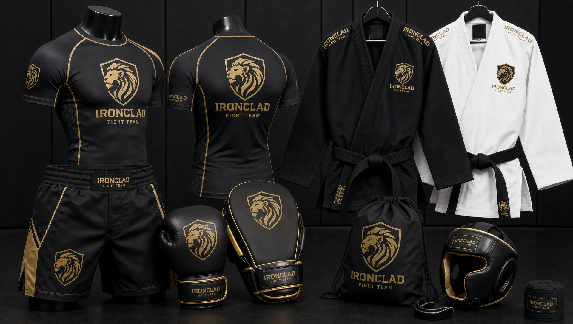 A grouped display of custom martial arts apparel, including fight shorts, rash guards, boxing gear, and martial arts uniforms, shown together to highlight coordinated branding, logo placement, and finishing details.