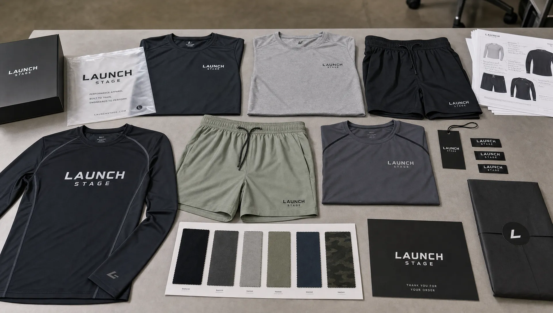 A launch-stage fitness apparel collection laid out on a production table, including performance shirts, training shorts, rash guards, fabric swatches, branded labels, and packaging samples arranged for review.