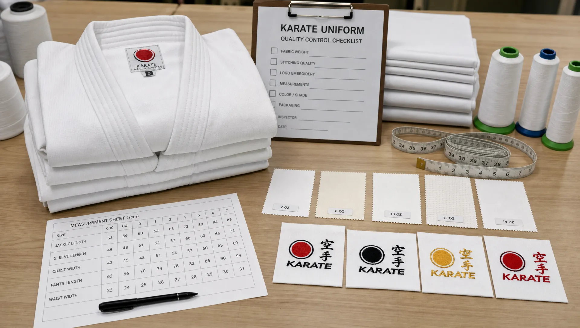 A quality control table for karate uniforms showing folded white gi jackets, fabric swatches, measuring tape, thread cones, and embroidered logo samples arranged for inspection.