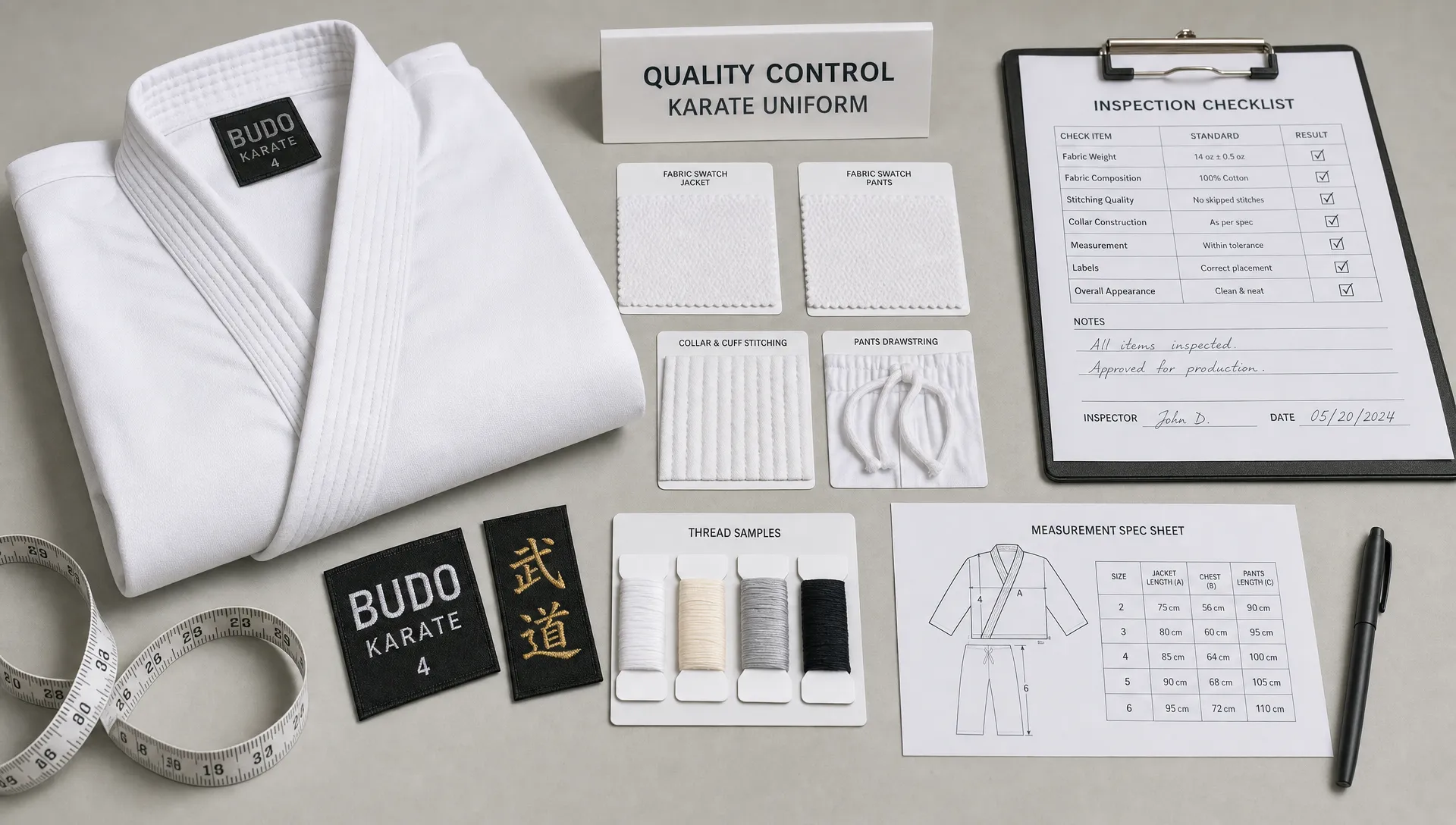 A quality control table with a white karate uniform, fabric swatches, measuring tape, embroidered labels, thread samples, and inspection notes arranged for manufacturer review.