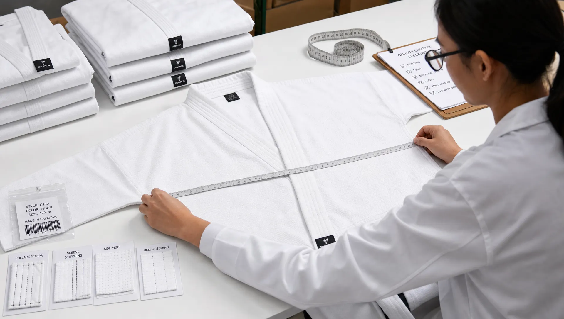 A quality control technician measures a white karate gi jacket on a clean inspection table, with folded uniforms, measuring tape, labels, and stitching samples arranged nearby.