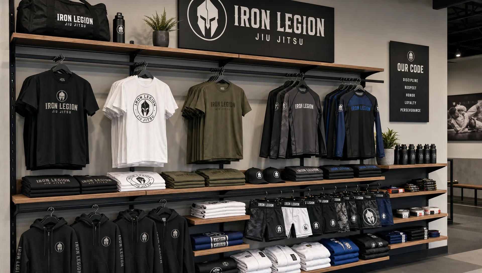 A retail display inside a combat sports gym showing neatly arranged custom branded tees, rash guards, hoodies, fight shorts, and folded uniforms on wall shelves and hanging rails.