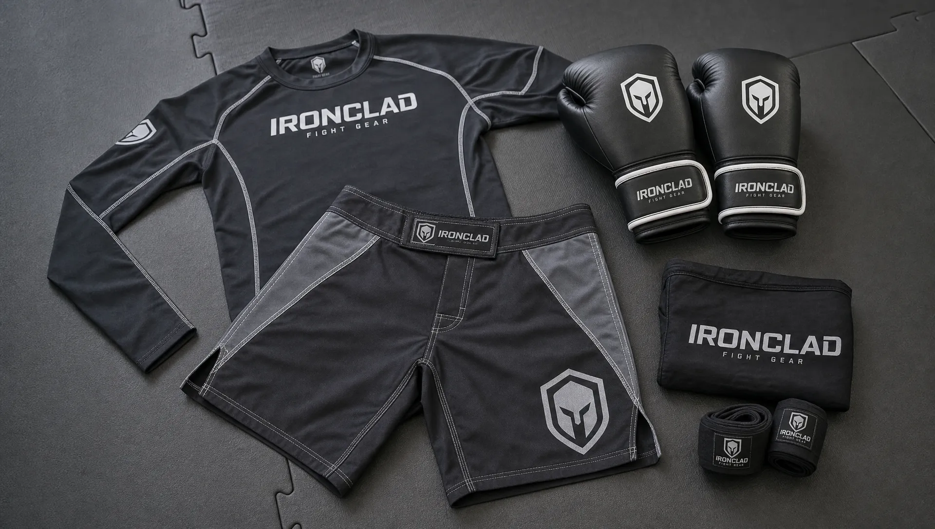 A wide overhead view of premium combat sports apparel laid out on a training mat, including MMA shorts, a rash guard, boxing gloves, and reinforced stitching details that show durable fabric, clean seams, and branded finishing.