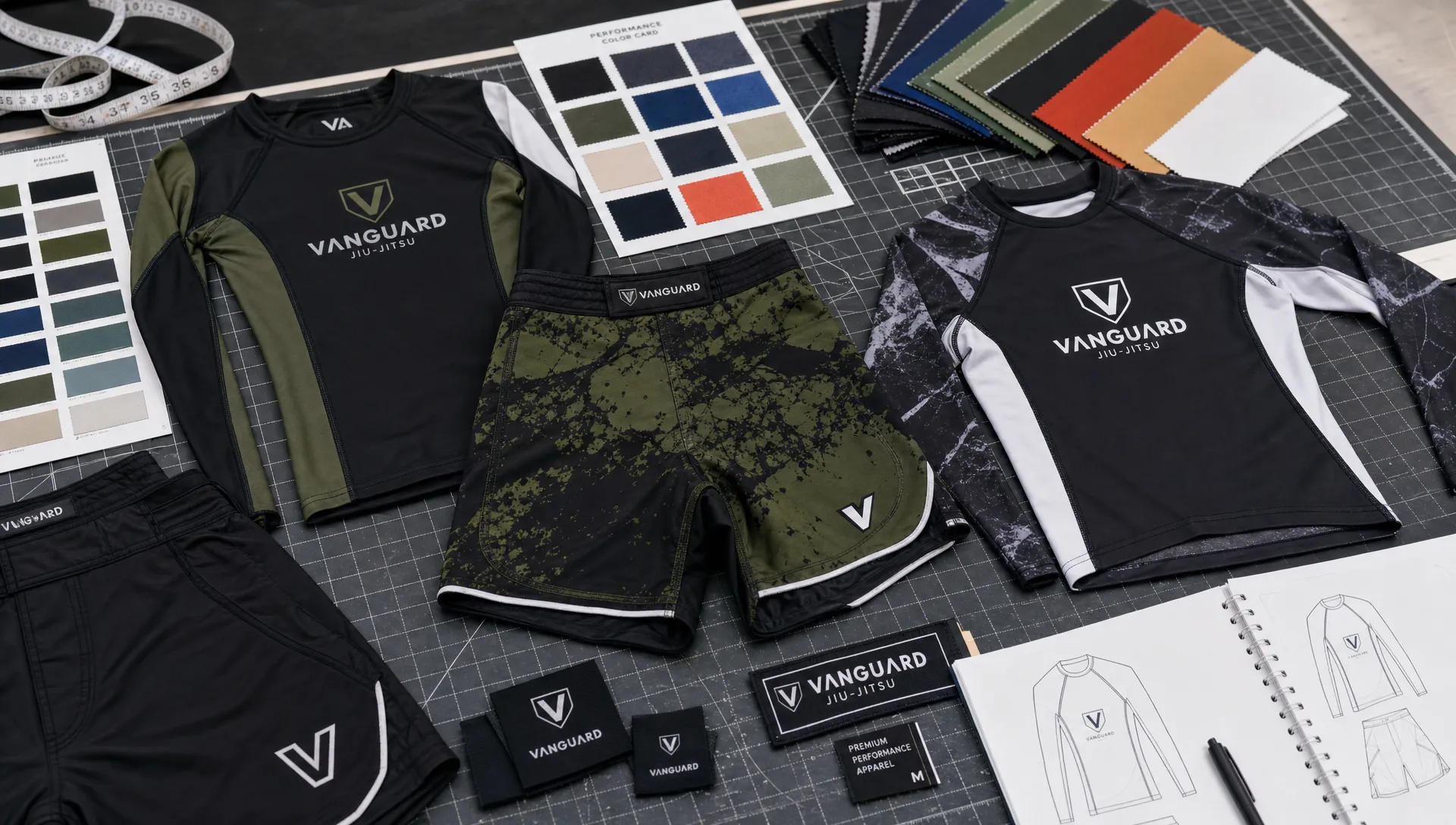 Custom sports apparel samples arranged on a cutting table with fabric swatches, branded labels, color cards, and martial arts training garments such as rash guards and fight shorts.