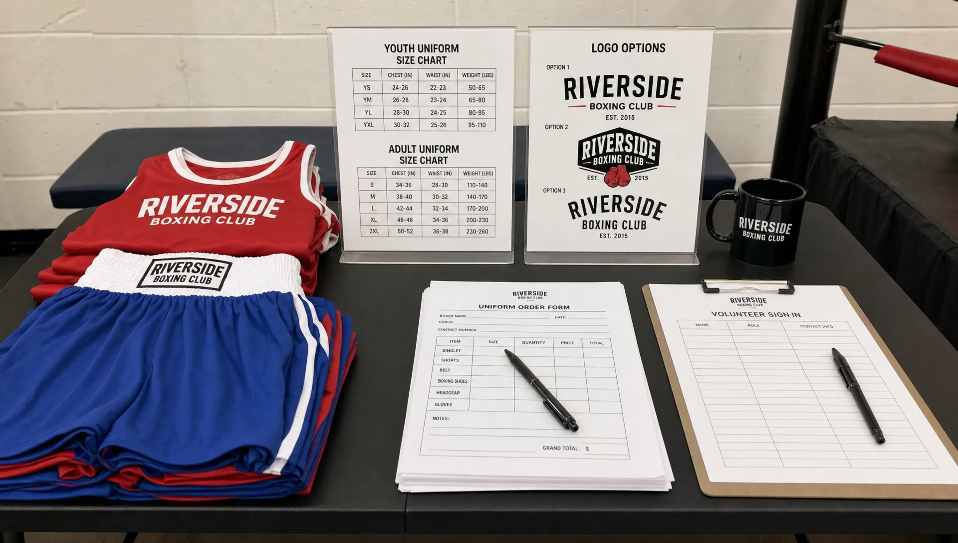 A boxing club table with folded uniforms, size charts, logo samples, and order sheets ready for coaches and volunteers to review.