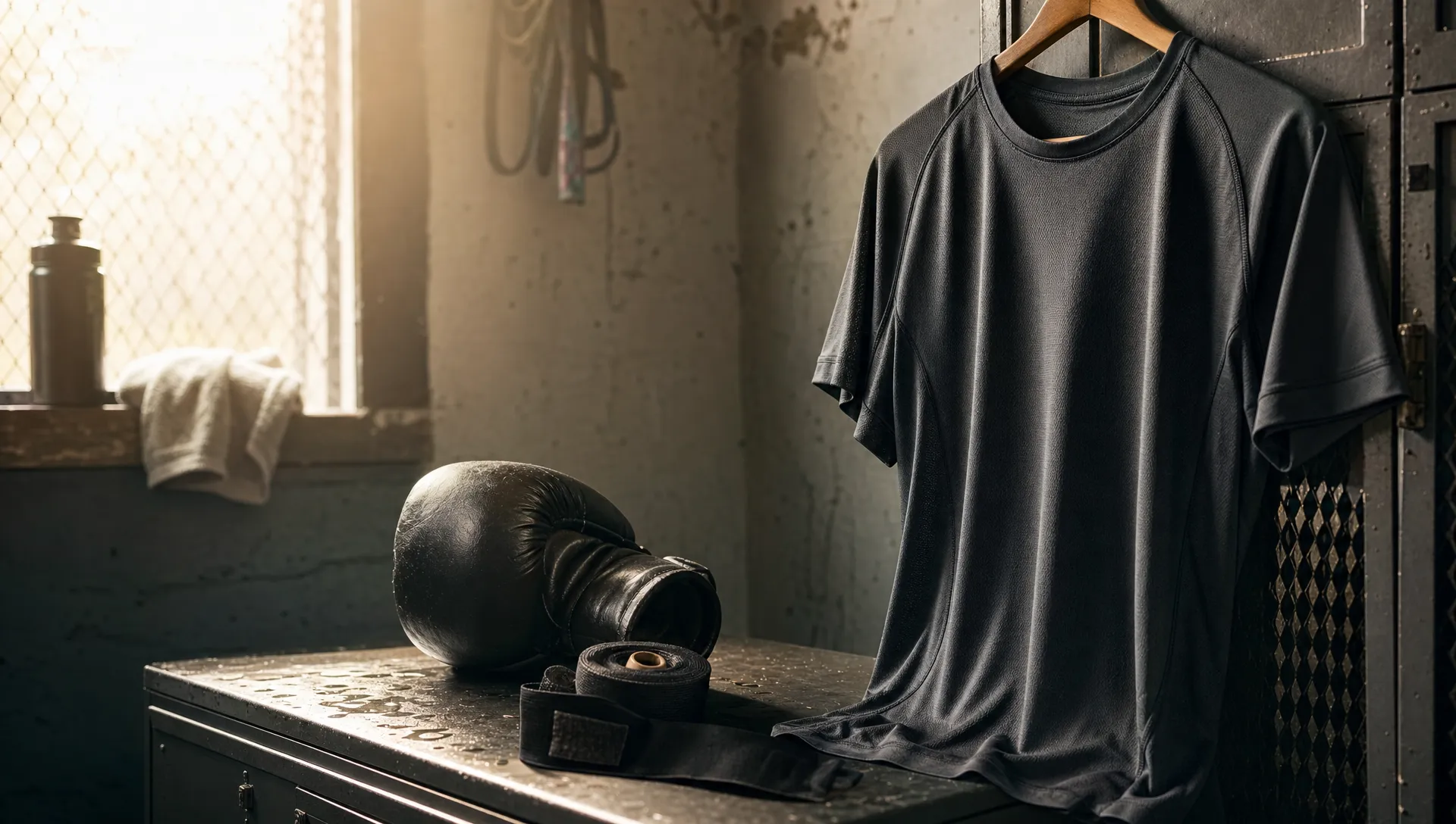 A boxing glove, hand wraps, and performance shirt suggest athletic fabric choices for hard training.