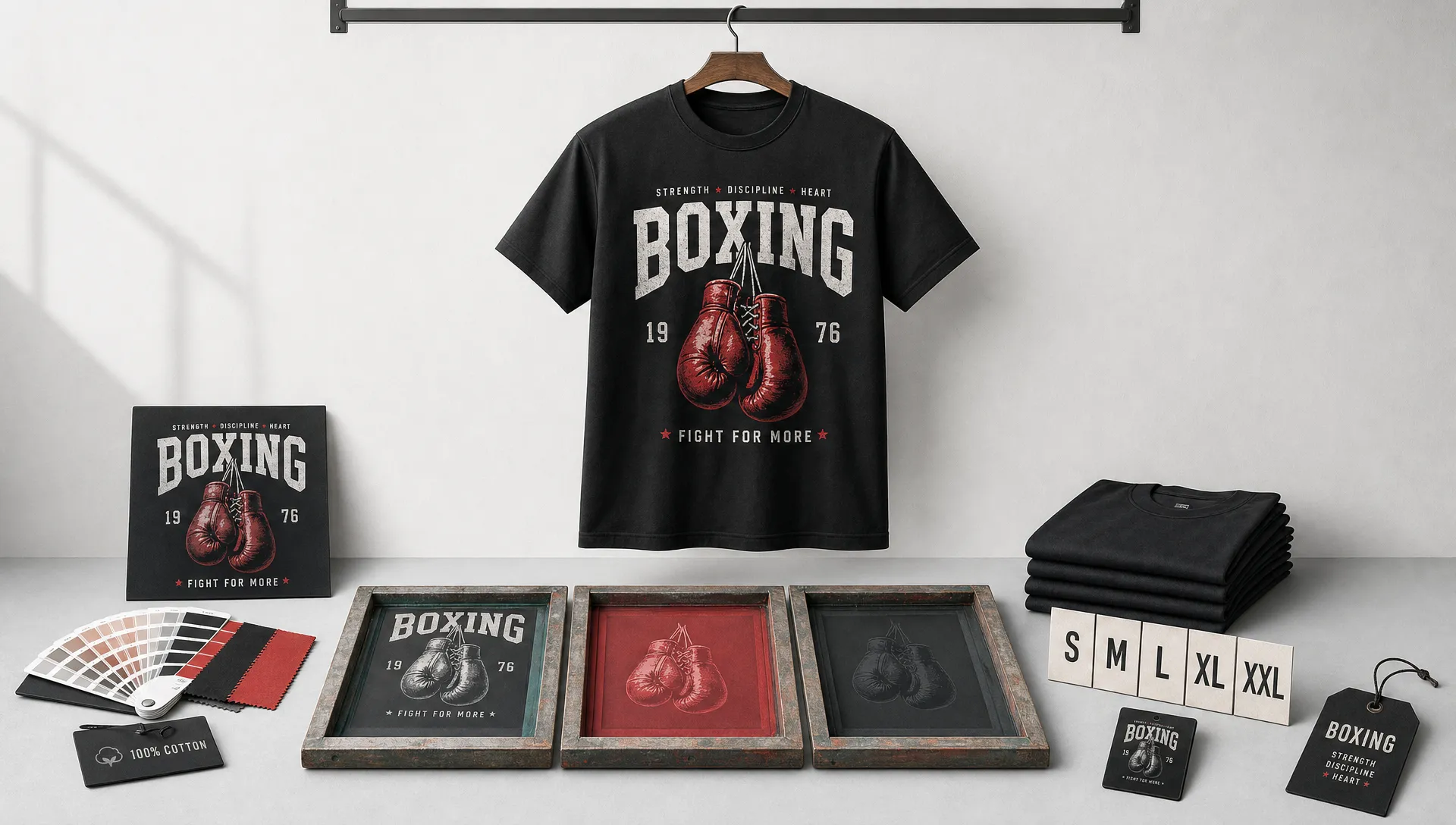 A boxing T-shirt hangs above print screens, fabric swatches, and size cards in a product development layout.