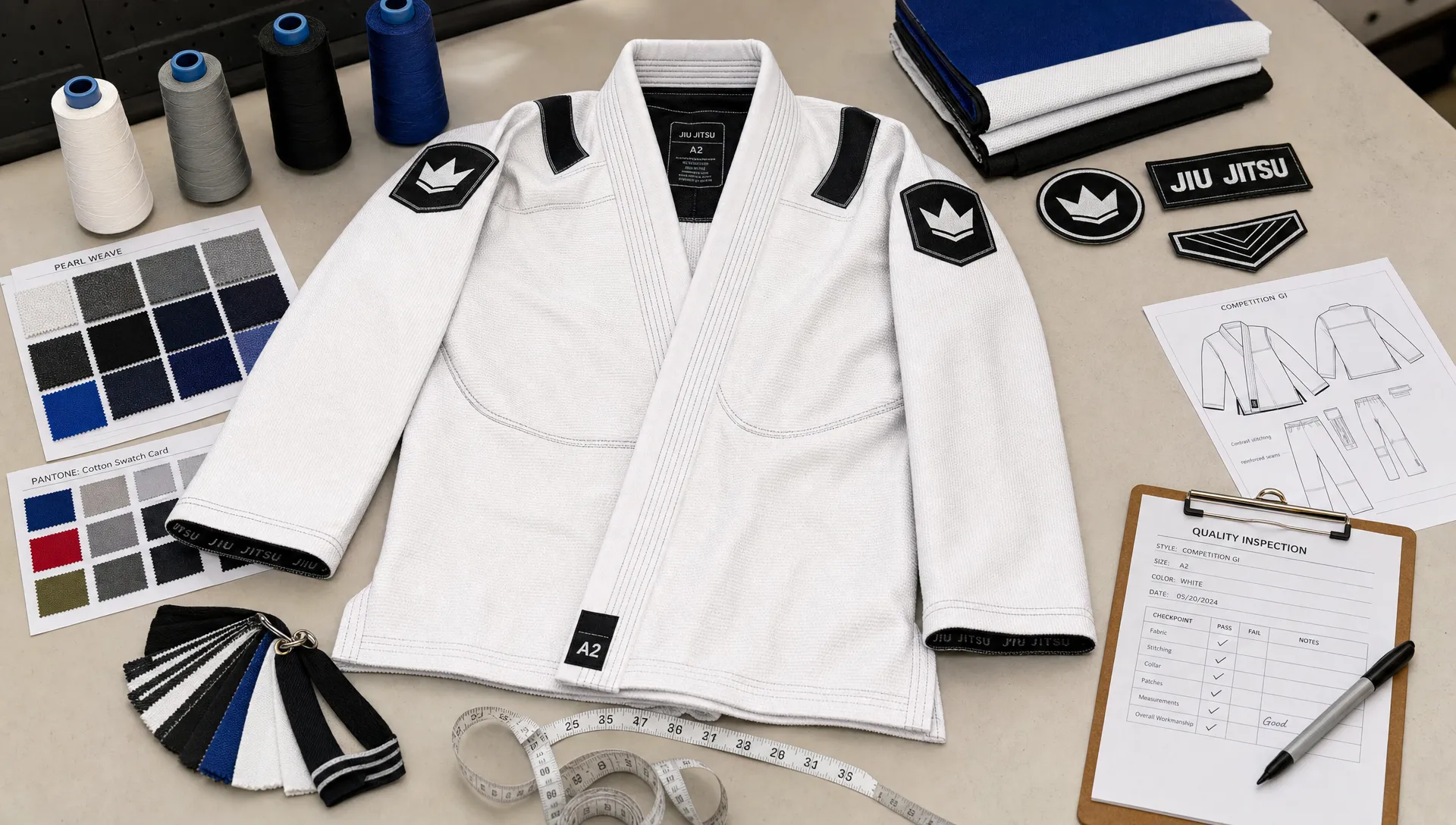 A Brazilian jiu jitsu gi sample on a worktable beside fabric swatches, a measuring tape, thread cones, embroidered patches, and quality inspection notes.