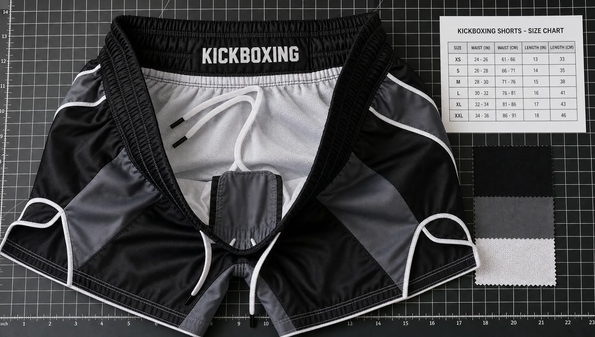 A close-up of kickboxing shorts on a cutting table, showing the waistband, vents, gusset, and construction details.