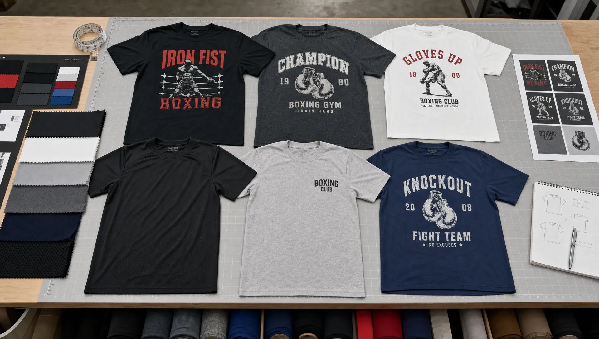 A collection of boxing T-shirts laid out on a cutting table, showing different fits, fabric textures, and print styles beside swatches and a tape measure.