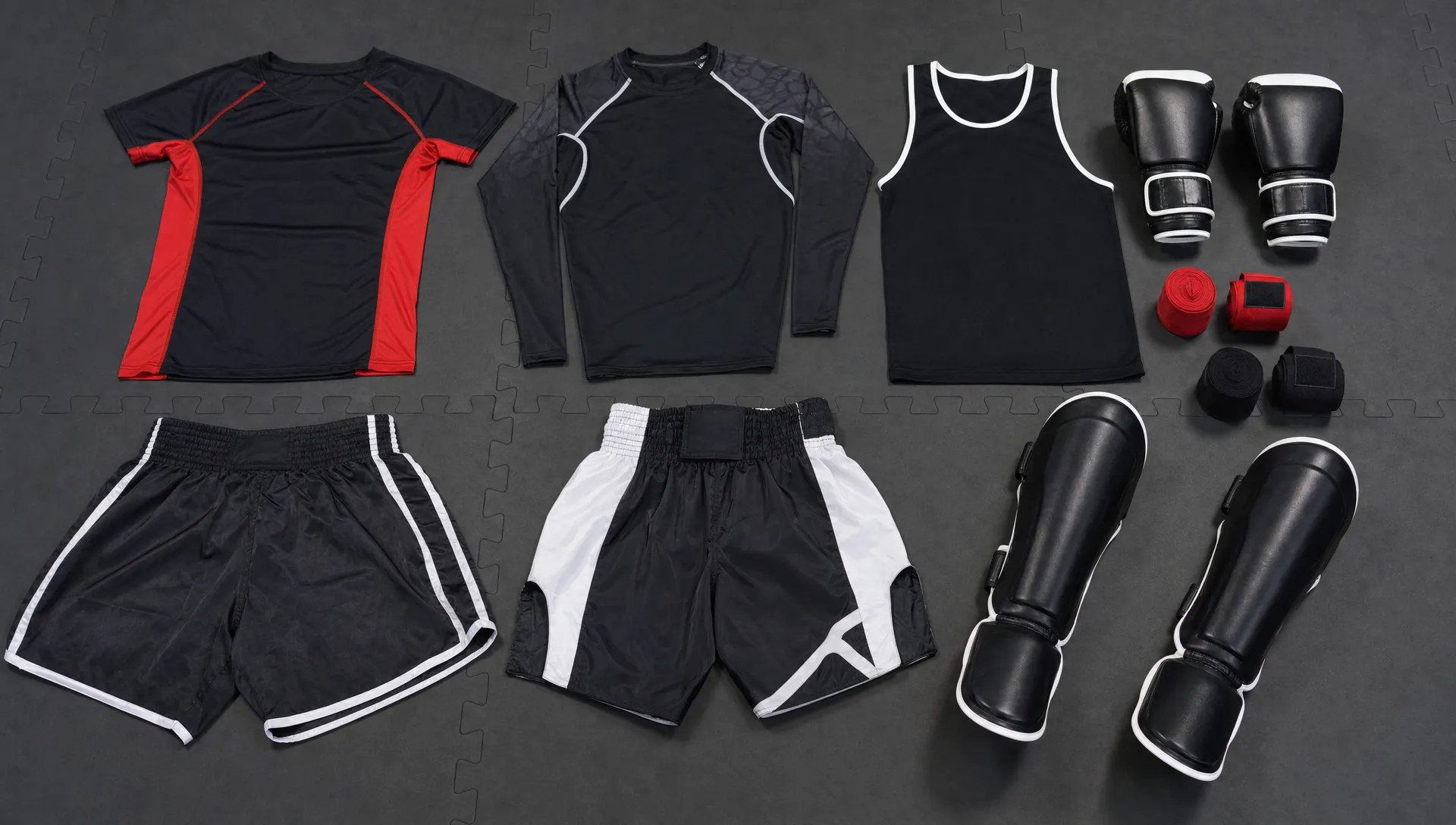A flat lay of kickboxing attire for training, sparring, and competition, including performance tops, rash guards, fight shorts, hand wraps, and shin guards on a gym mat.