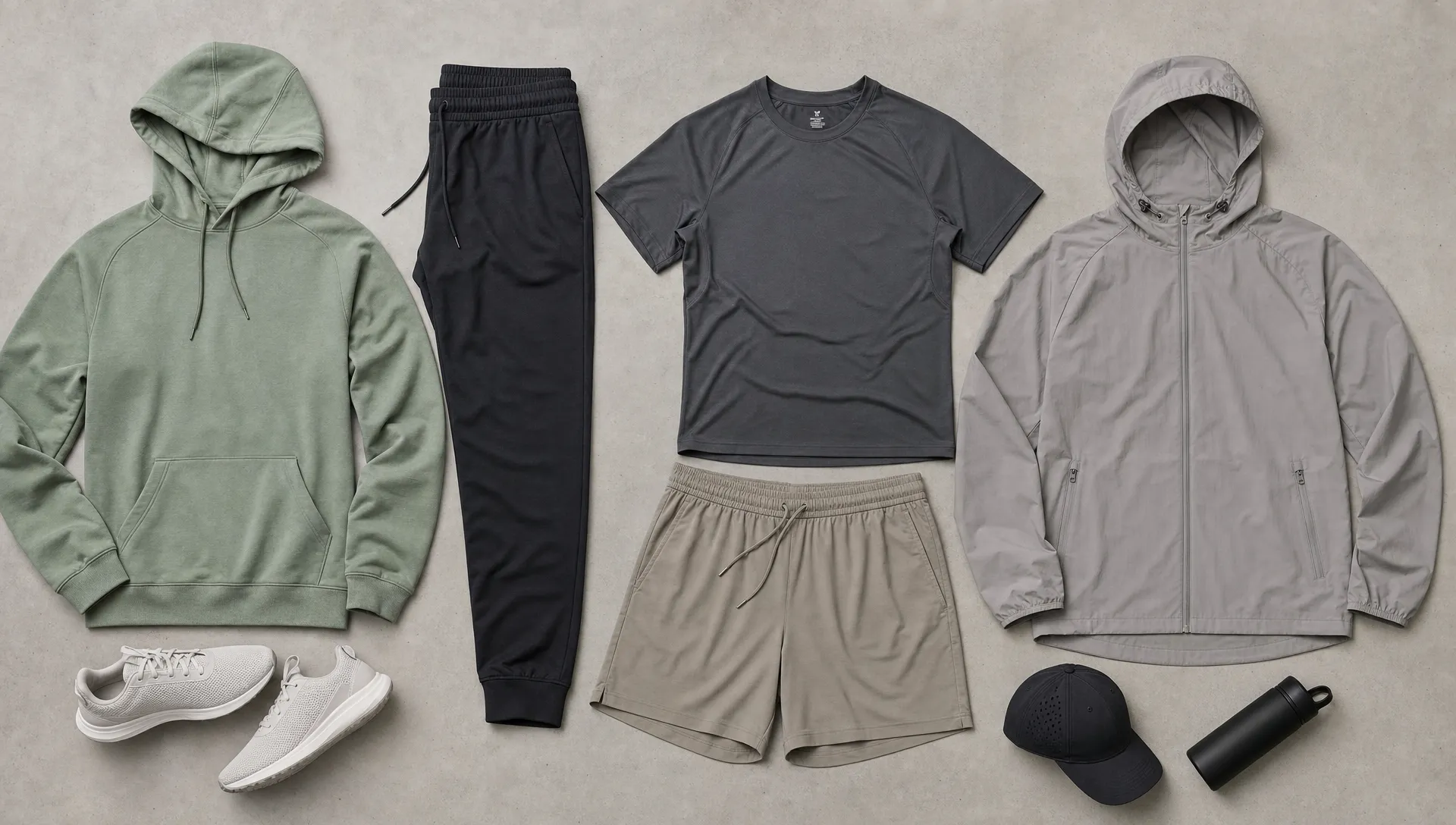 A flat lay of lifestyle sportswear pieces including a hoodie, joggers, performance T-shirt, lifestyle shorts and lightweight jacket arranged as a coordinated capsule.