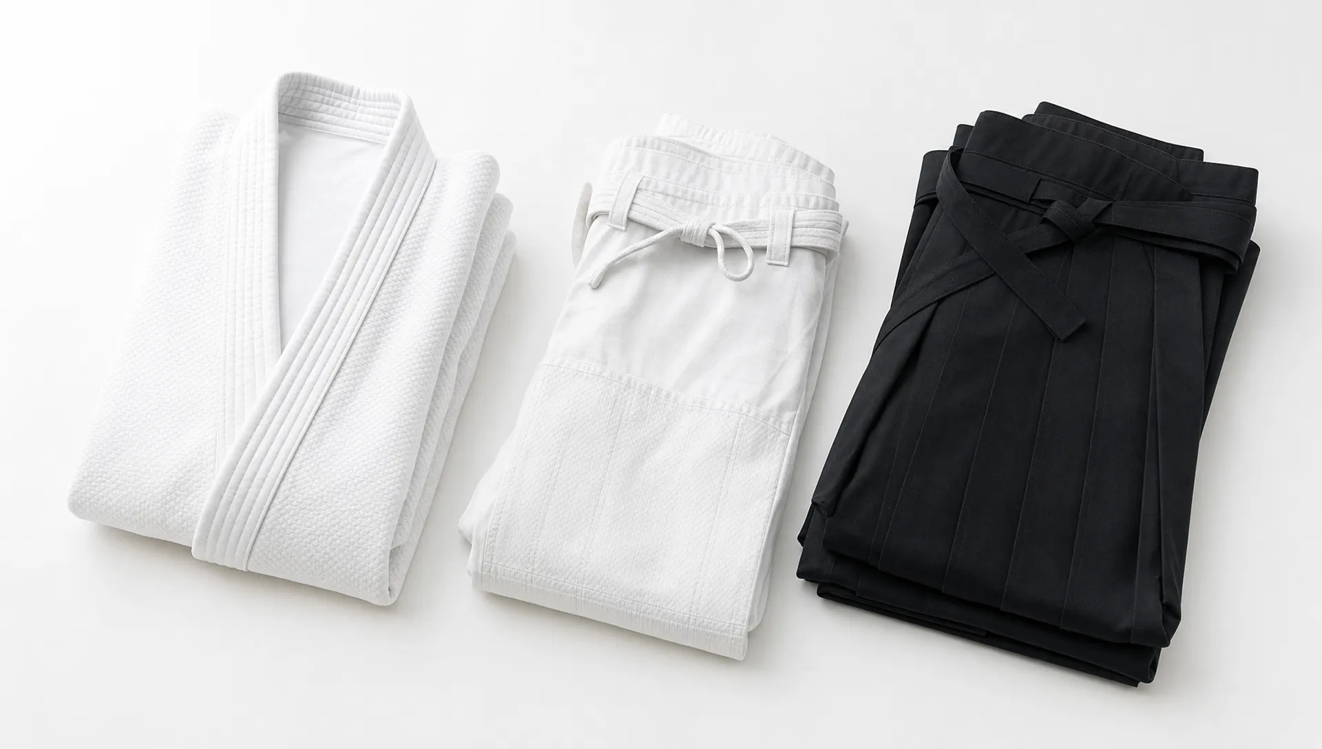 A folded Aikido gi sits beside reinforced trousers and a black hakama on a clean studio surface.