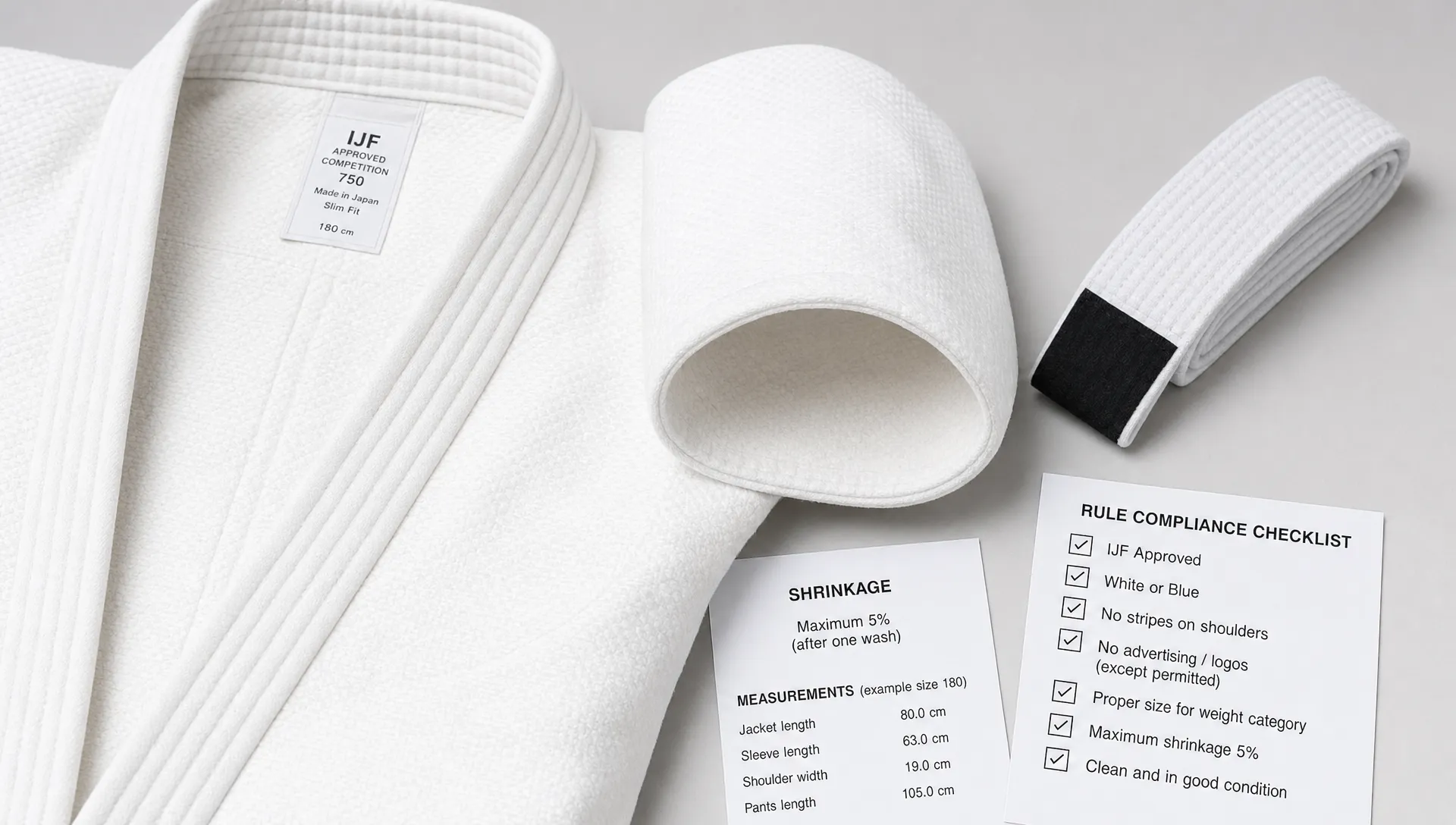 A judo gi jacket collar sits beside a belt, shrinkage note, and rule checklist for competition planning.