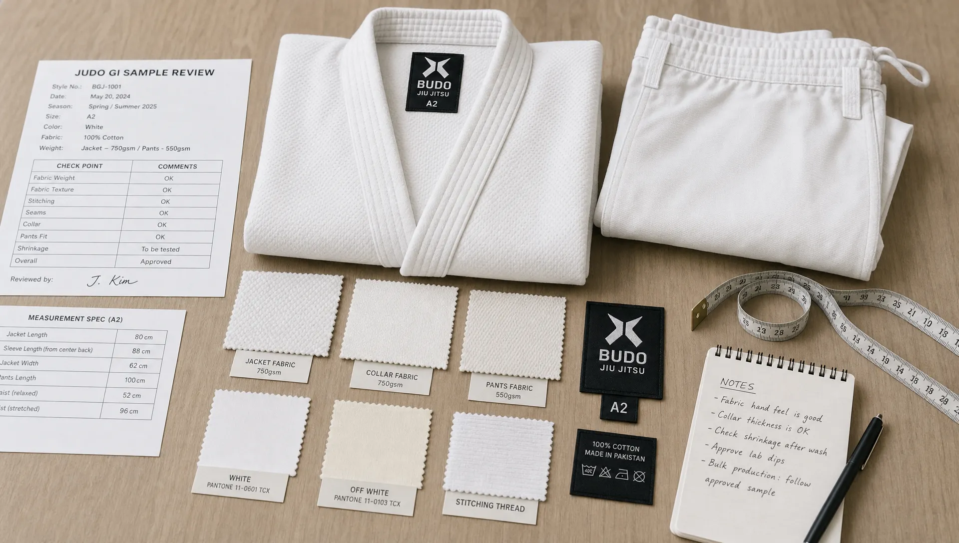 A judo gi sample review table with fabric swatches, a folded white gi jacket, pants, a measuring tape, woven labels, and printed sample notes arranged for quality review.