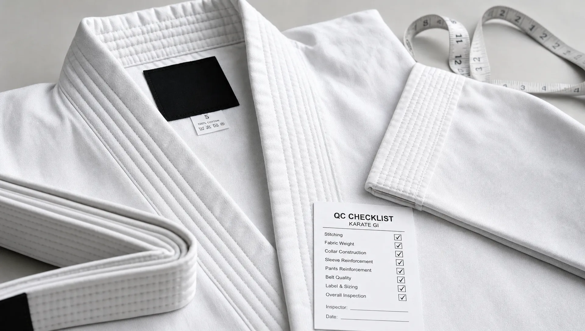 A karate gi collar, stitching, and QC checklist are laid out for a bulk quality review.
