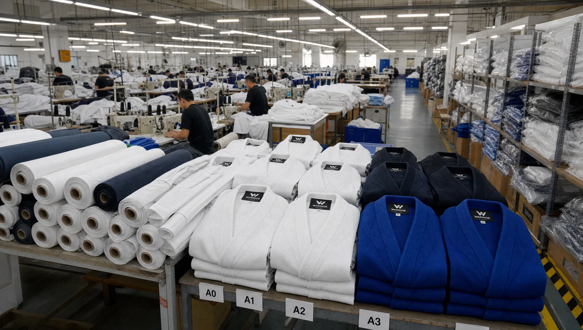 A martial arts apparel production floor with long sewing lines, stacked fabric rolls, embroidered brand patches, and finished gis arranged by size for bulk order preparation.