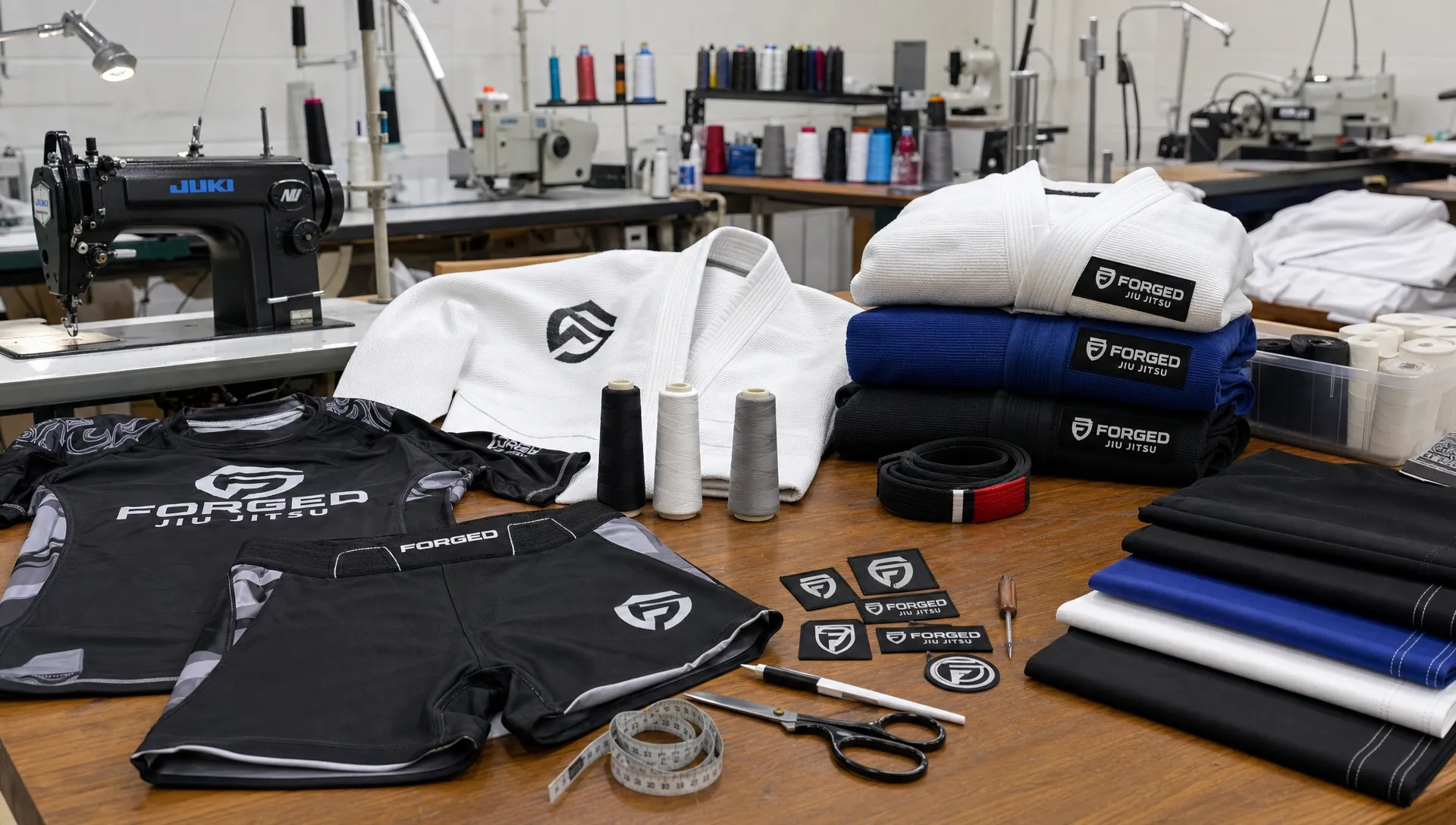 A martial arts apparel production workspace with custom rash guards, MMA shorts, and gi fabrics laid out beside sewing tools, thread cones, branded patches, and neatly folded finished uniforms ready for quality inspection.