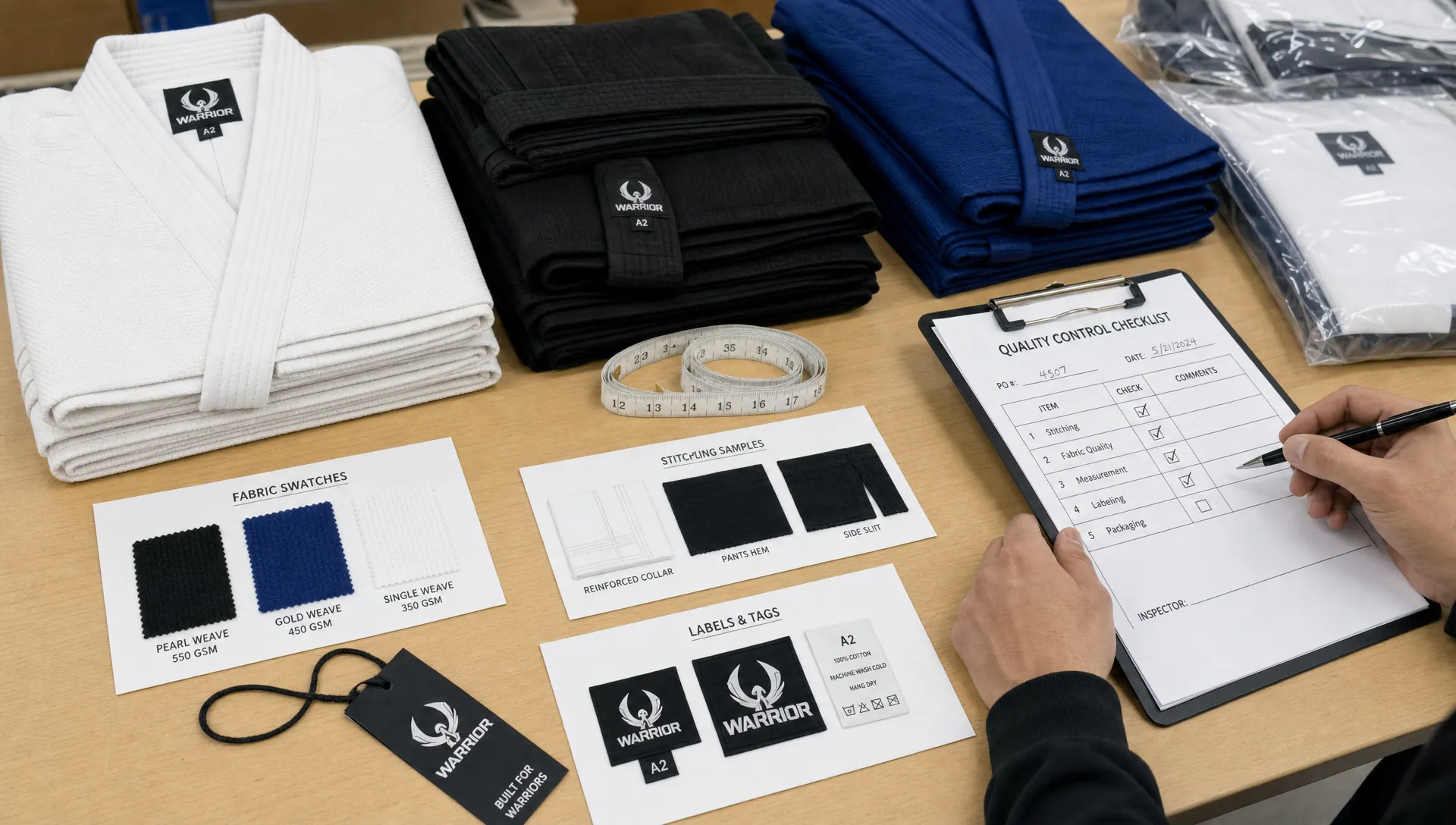 A martial arts apparel quality control table with folded uniforms, fabric swatches, measuring tape, labels, and stitching samples arranged for wholesale inspection.