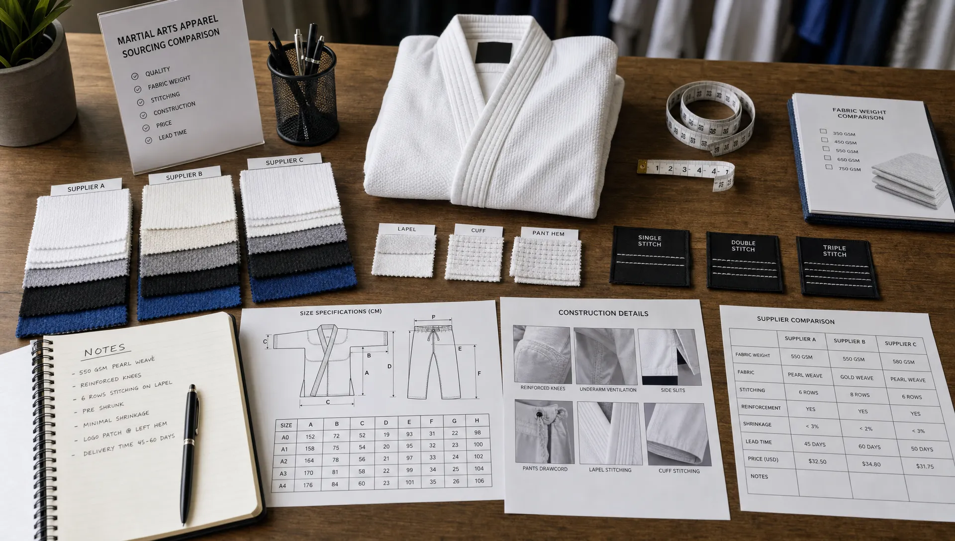 A martial arts apparel sourcing desk with fabric swatches, a folded white gi, measurement tape, stitch samples, and printed size specifications arranged for manufacturer comparison.