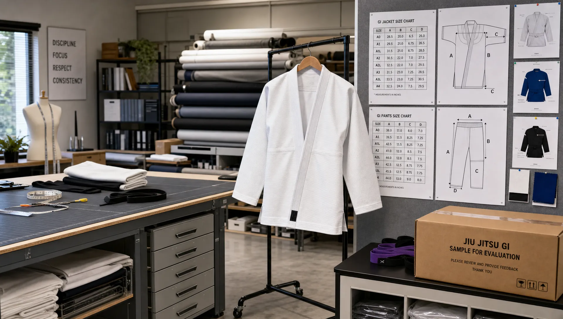 A martial arts sampling room shows a hanging BJJ gi, size charts, fabric rolls, and a carton.