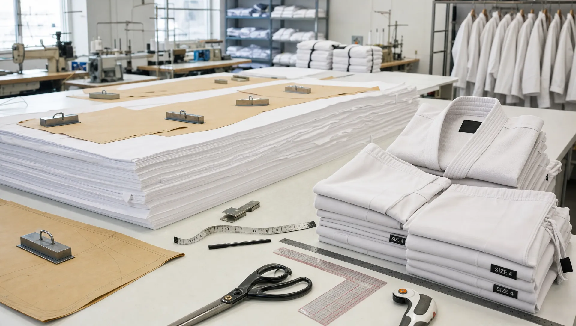 A martial arts uniform factory cutting table with neatly stacked white fabric layers, paper patterns, measuring tools, and organized bundles for jackets and pants ready for sewing.