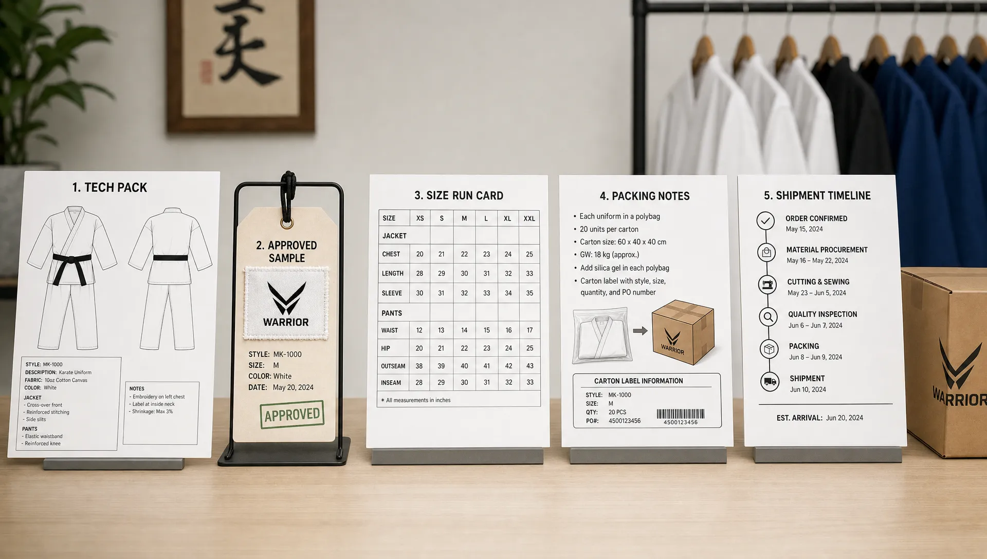A martial arts uniform production roadmap shows tech pack pages, approval tags, size runs, packing notes, and shipping timing.