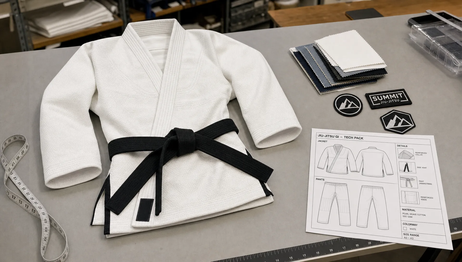 A martial arts uniform sample sits on a production table beside a measuring tape, fabric swatches, logo patches, and a printed tech pack.