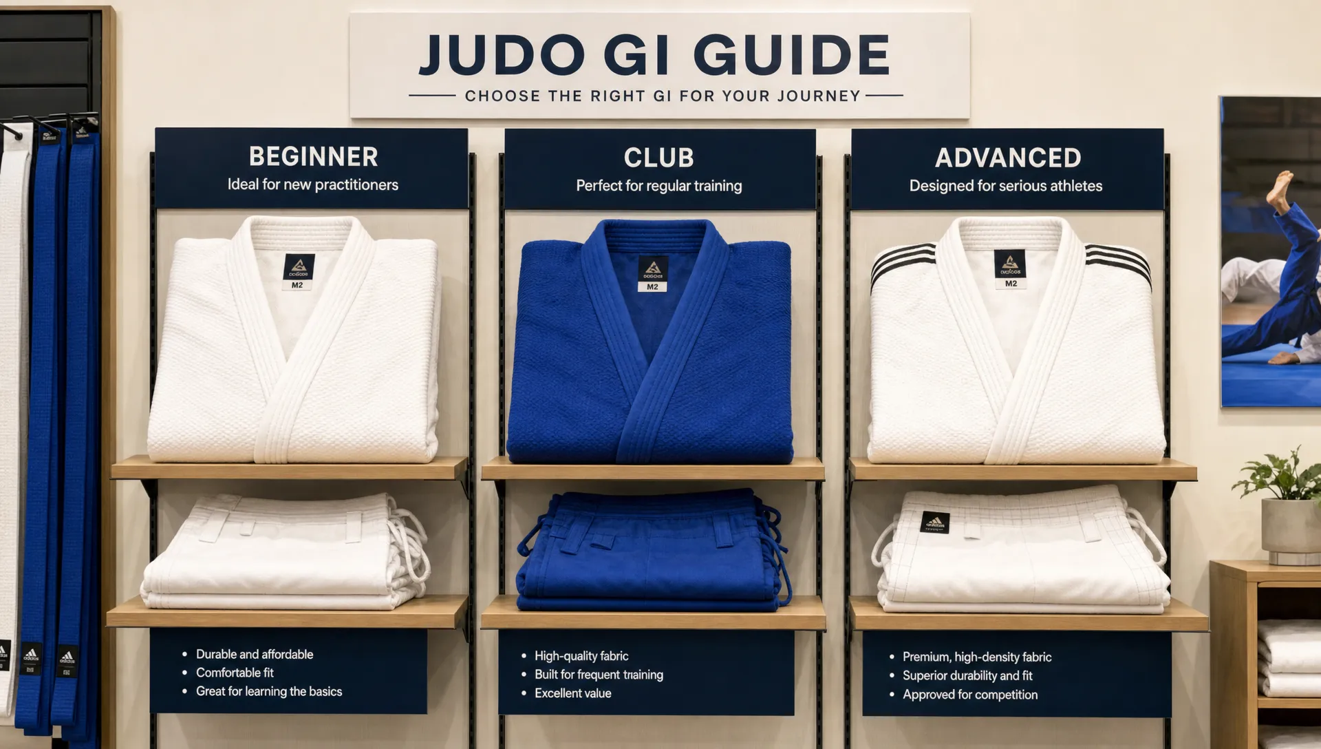 A neat display of white and blue judo gis shows beginner, club, and advanced skill levels with folded jackets and reinforced pants.