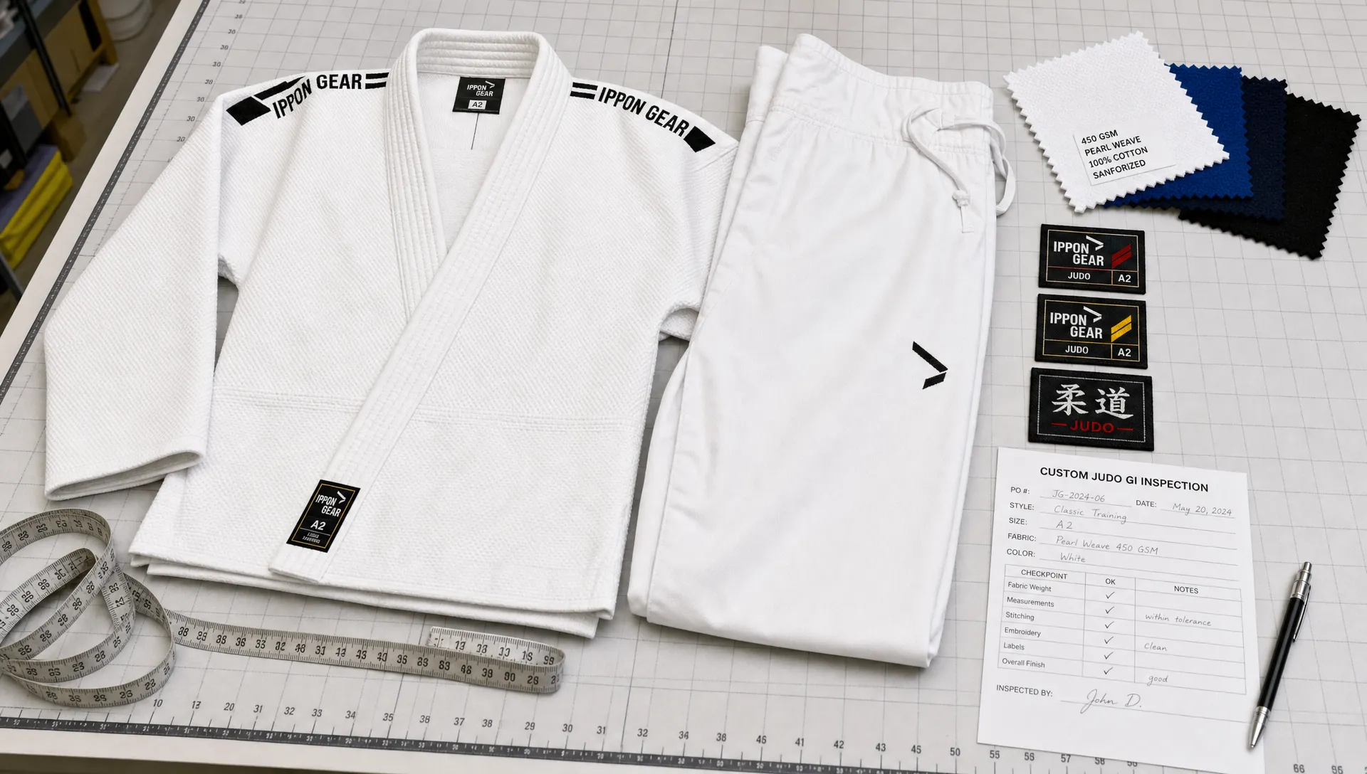 A neatly arranged custom judo gi sample on a cutting table with the jacket and pants, fabric swatches, a measuring tape, embroidered label samples, and inspection notes beside it.