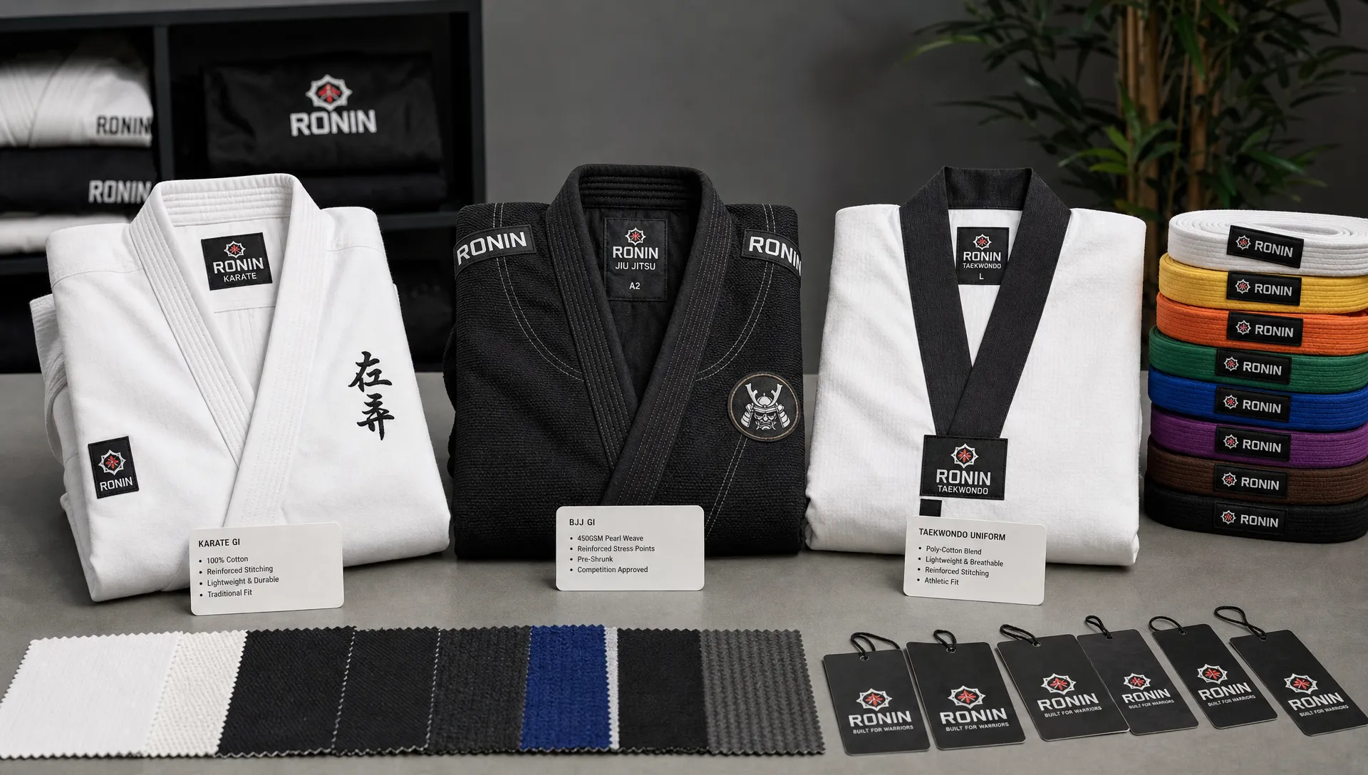 A neatly arranged set of custom martial arts uniforms on a studio table, including a karate gi, BJJ gi, and taekwondo uniform with branded labels, reinforced stitching, fabric swatches, and folded belts beside them.