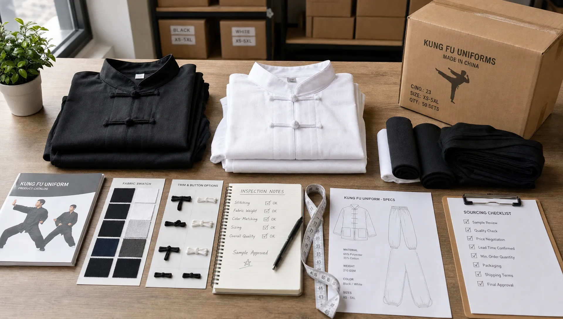 A sourcing desk with folded black and white kung fu uniform samples, fabric swatches, a measuring tape, shipping cartons, and inspection notes arranged neatly for wholesale import planning.