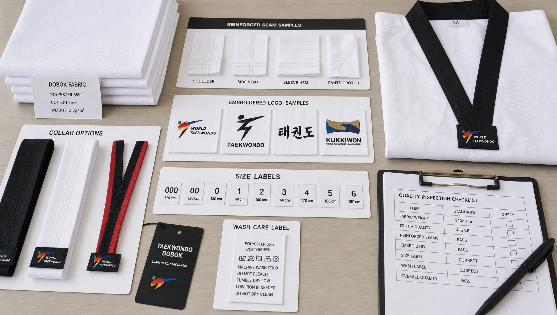 A taekwondo dobok production table with white uniform fabric swatches, reinforced seam samples, collars, size labels, and embroidered logo samples arranged for quality review.