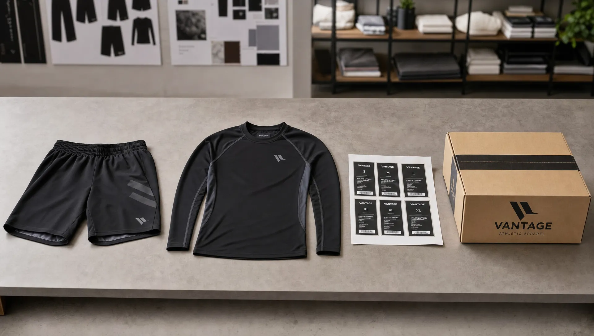 A training short, rash guard, labels, and a shipping box suggest an athletic apparel line moving to production.