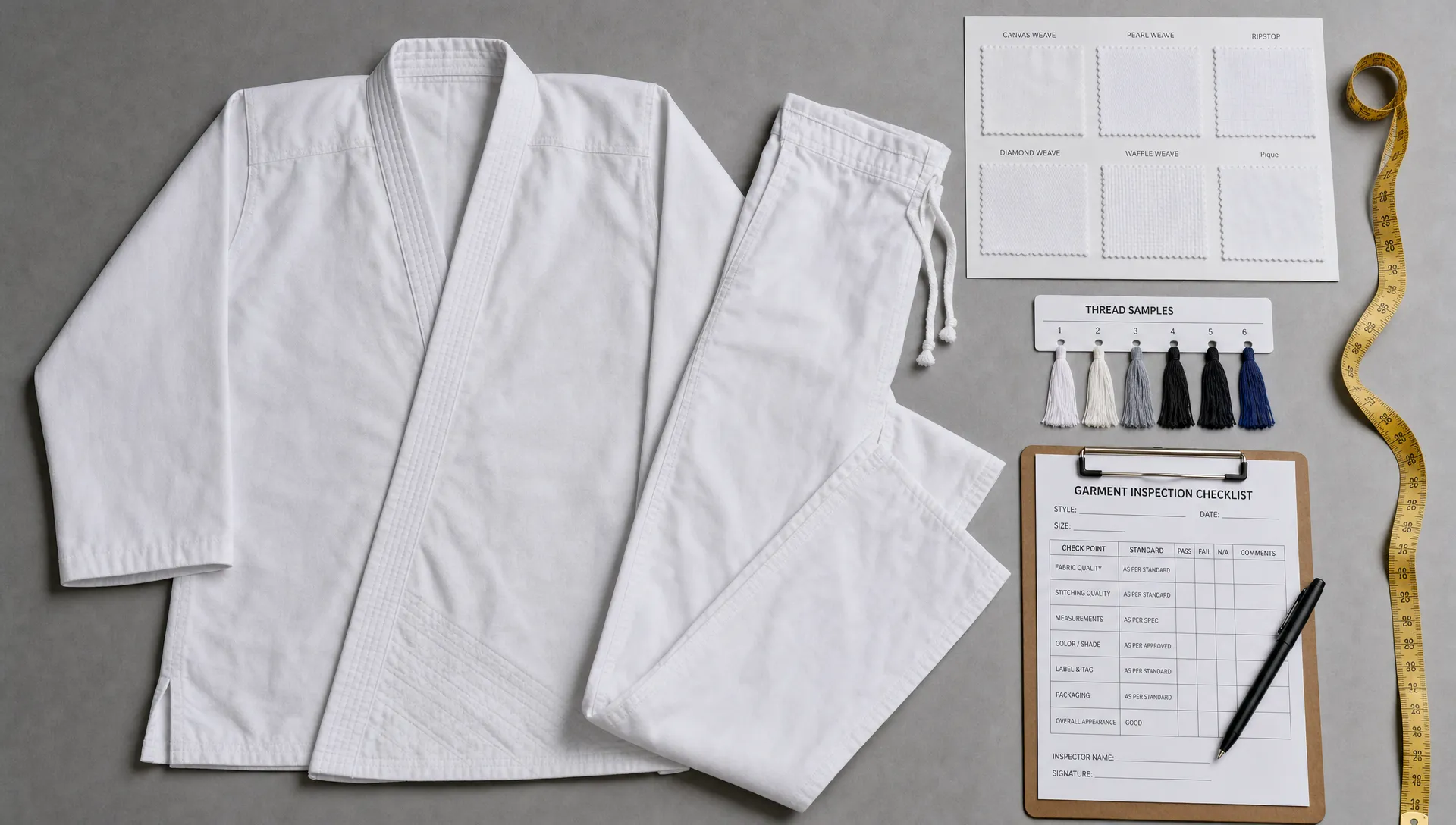 A white karate gi jacket and pants lie flat beside a measuring tape, fabric swatches, thread samples, and a garment inspection checklist.