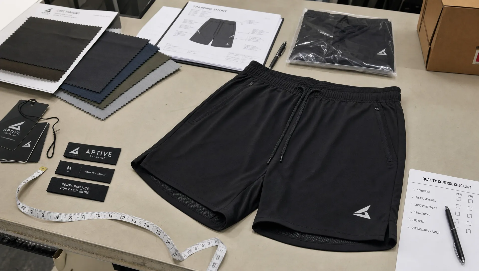 A worktable holds fabric swatches, branded labels, a measuring tape, and finished training shorts ready for quality inspection.