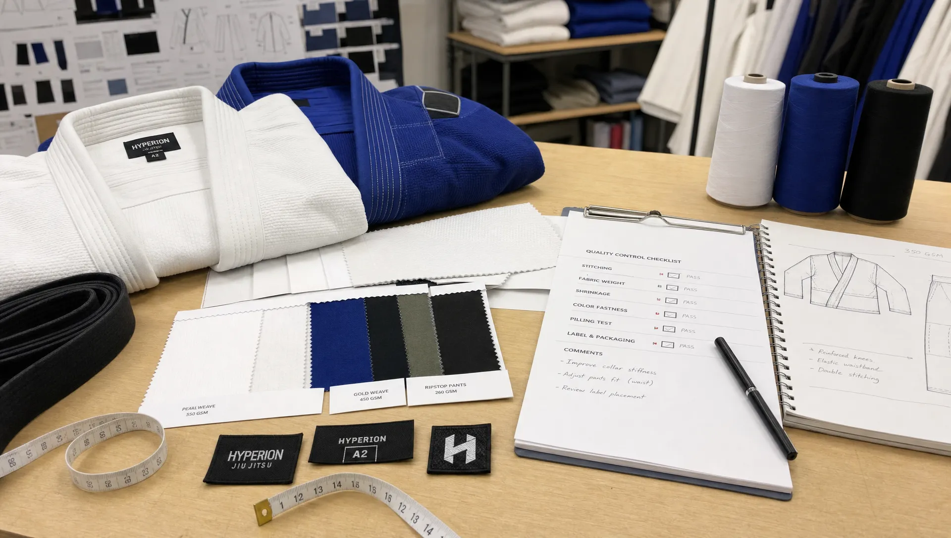 A worktable with martial arts uniform samples, fabric swatches, measuring tape, thread cones, woven labels, and quality control notes arranged for product development review, seen from a slightly angled side view in a garment studio.
