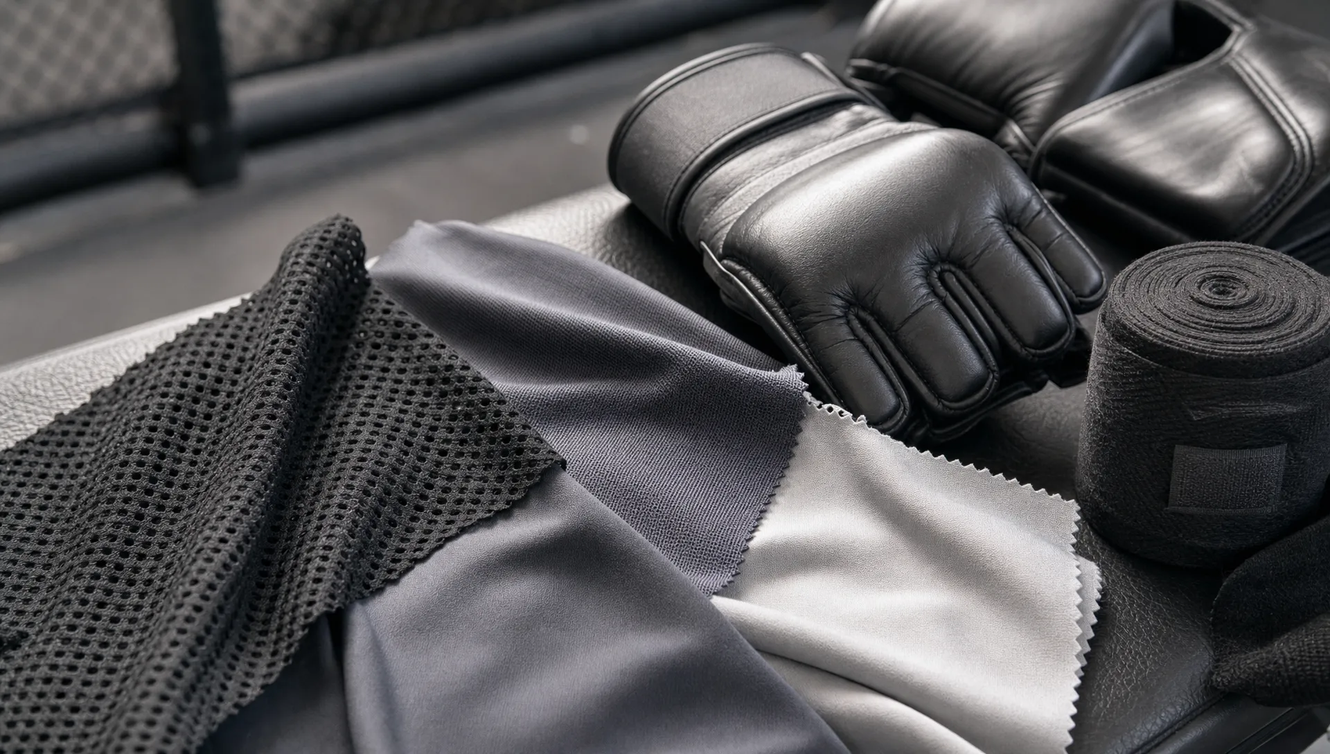 Close-up of performance fabric swatches including mesh, compression knit and stretch woven material beside MMA gloves and hand wraps on a gym bench.