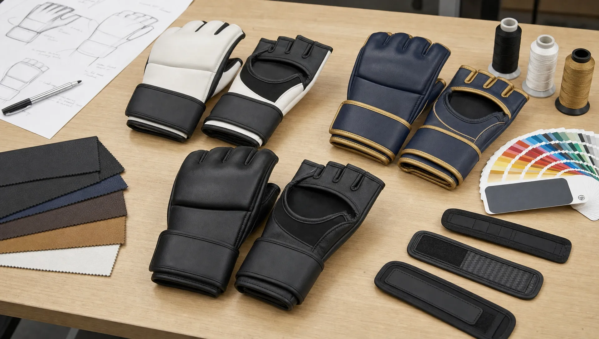 Custom MMA glove prototypes sit on a worktable with padded knuckles, open palms, wrist closures, stitching samples, and color swatches for product review.