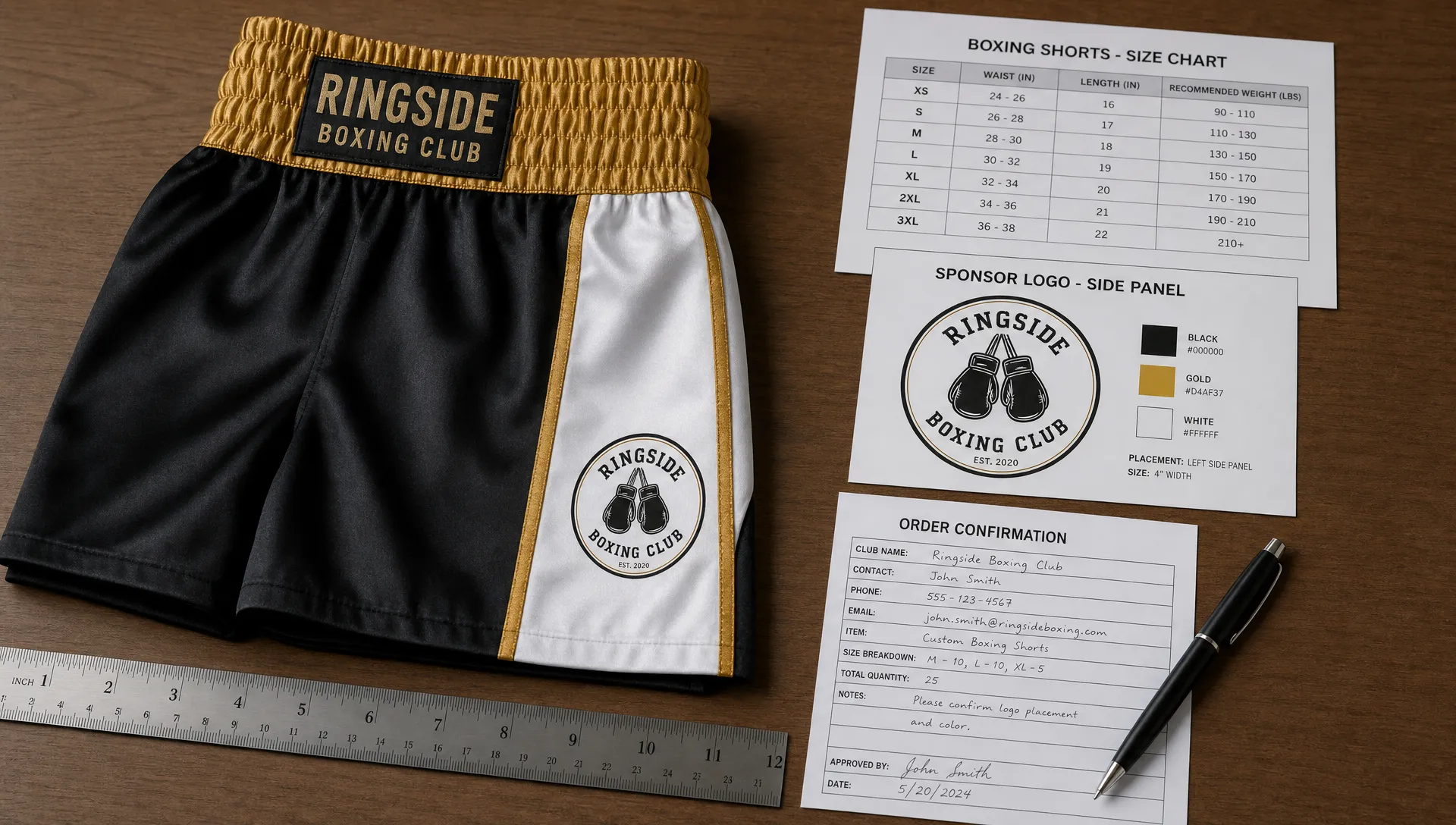 Folded boxing shorts sit beside a size chart and sponsor proof for a club order.