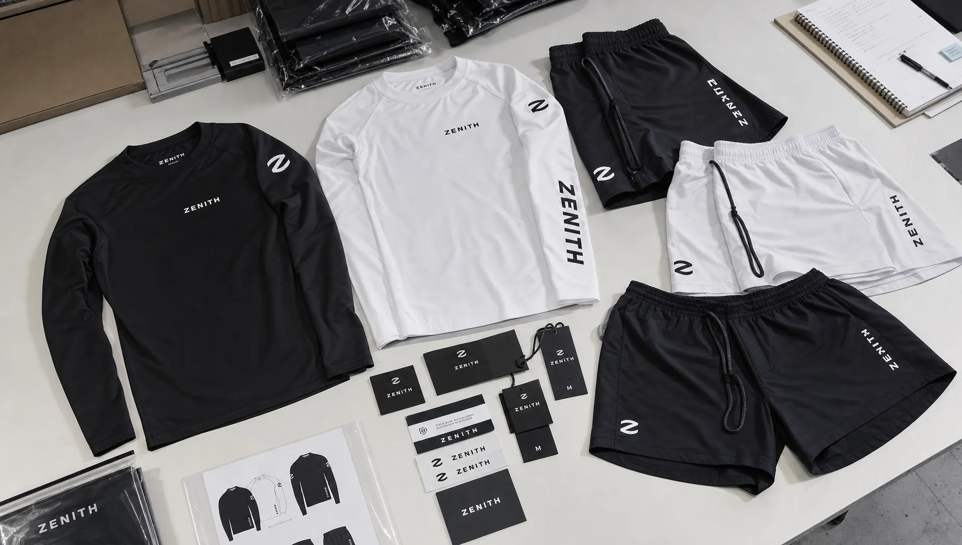 Private label sportswear samples, including rash guards, training shorts and branded labels, arranged on a clean worktable for a limited test drop.