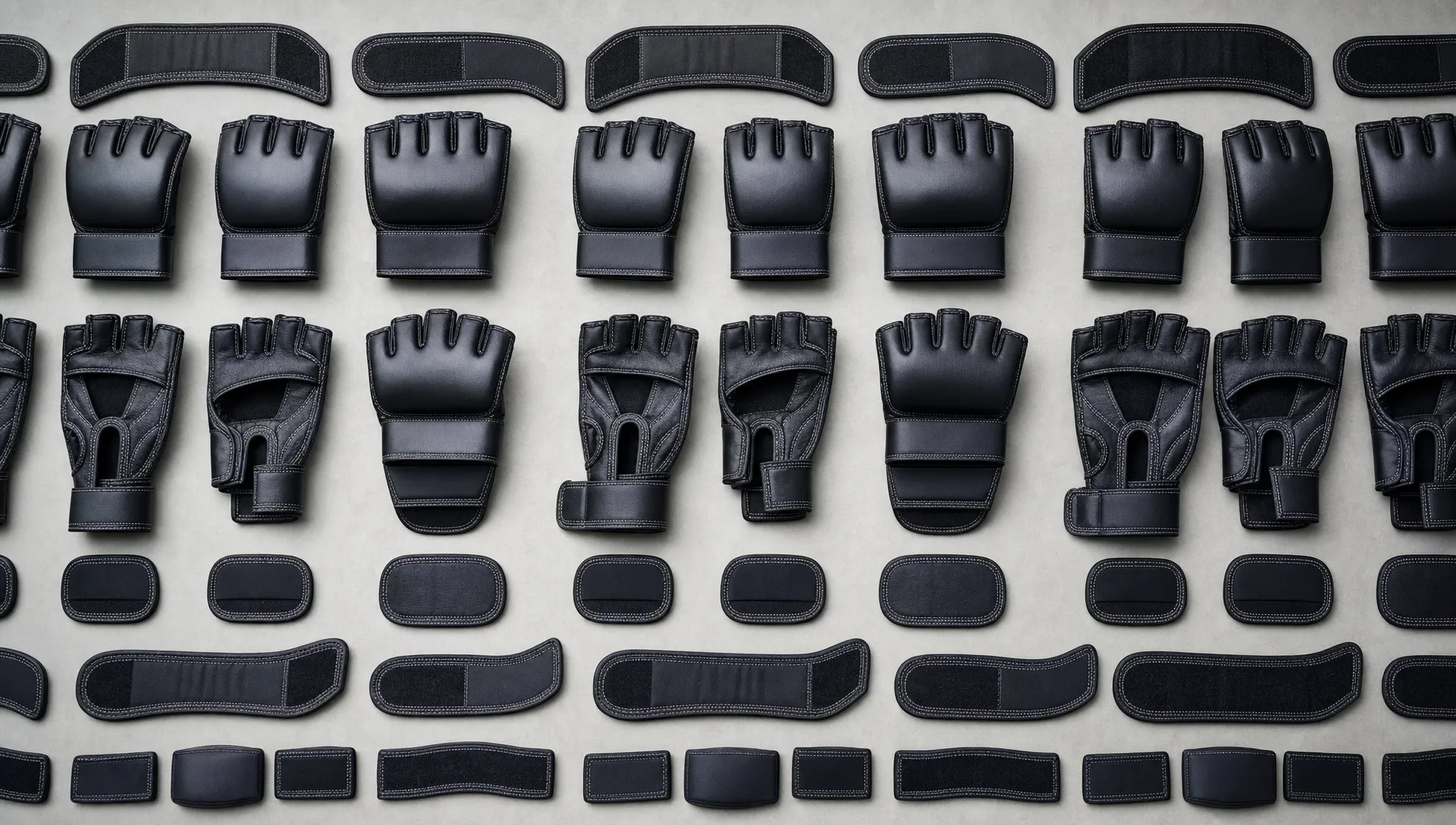 Repeated MMA glove shapes and seam lines form a pattern about sizing and consistency.